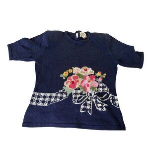 Vtg 90s Susan Bristol Women’s S Floral Bow checkered Knit Sweater Cottagecore